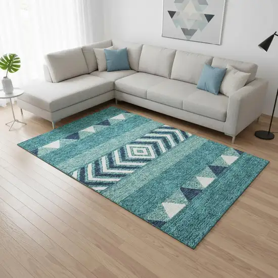 Teal Navy Blue And Ivory Southwestern Washable Area Rug With UV Protection Photo 2
