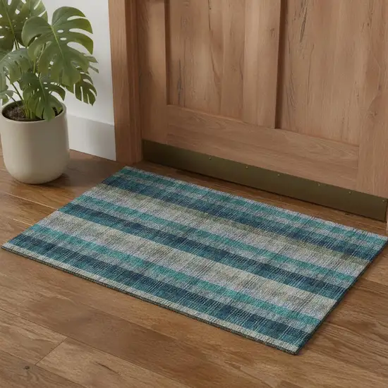 Teal Olive Green And Taupe Plaid Washable Area Rug With UV Protection Photo 1