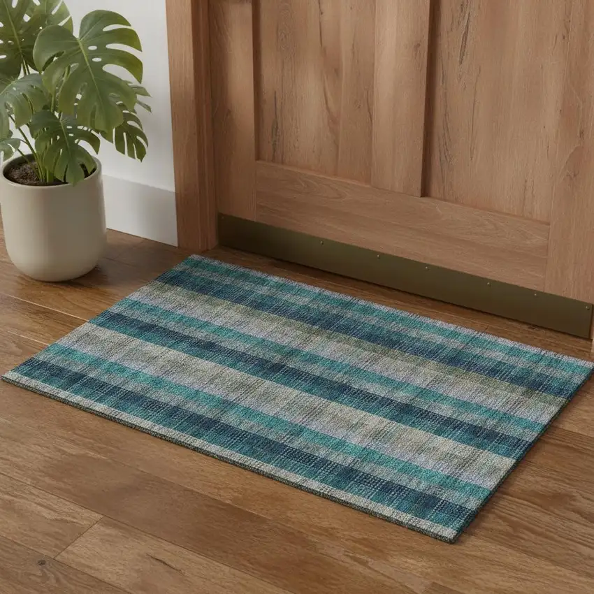 Teal Olive Green And Taupe Plaid Washable Area Rug With UV Protection Photo 1