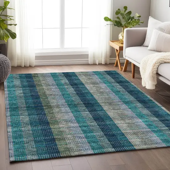 Teal Olive Green And Taupe Plaid Washable Area Rug With UV Protection Photo 4