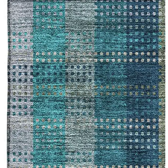 Teal Olive Green And Taupe Plaid Washable Area Rug With UV Protection Photo 3