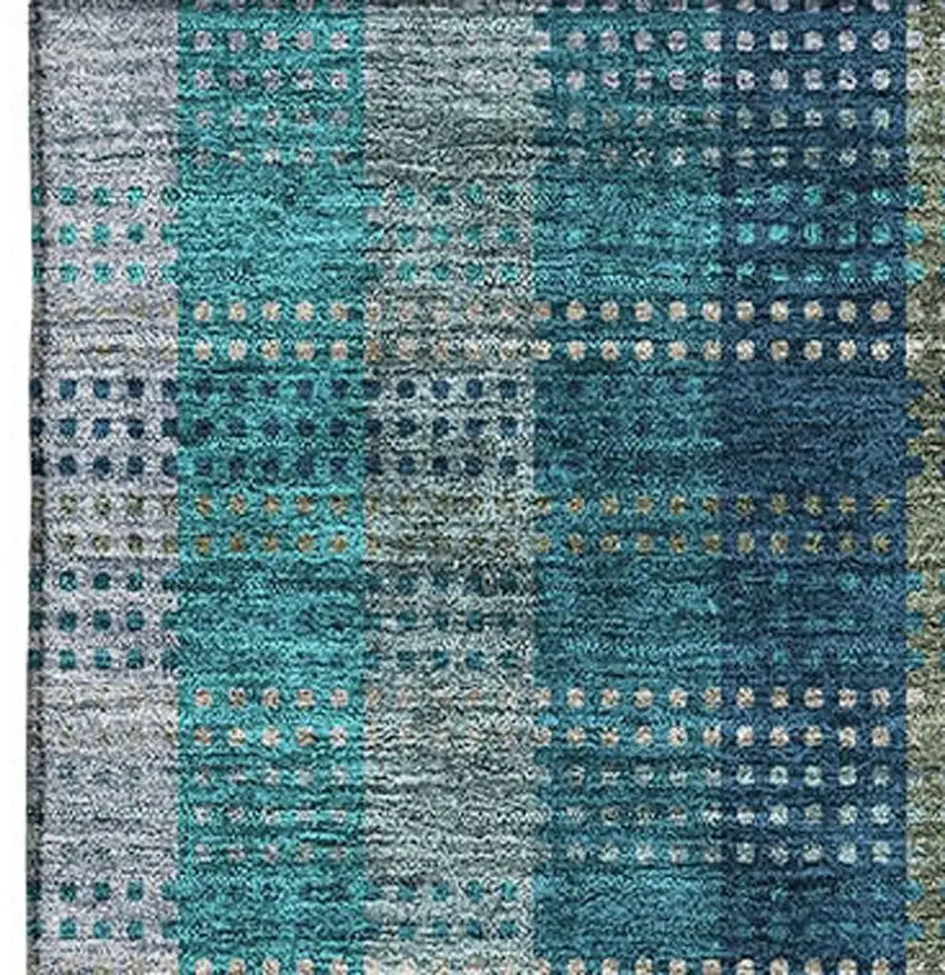 Teal Olive Green And Taupe Plaid Washable Area Rug With UV Protection Photo 3
