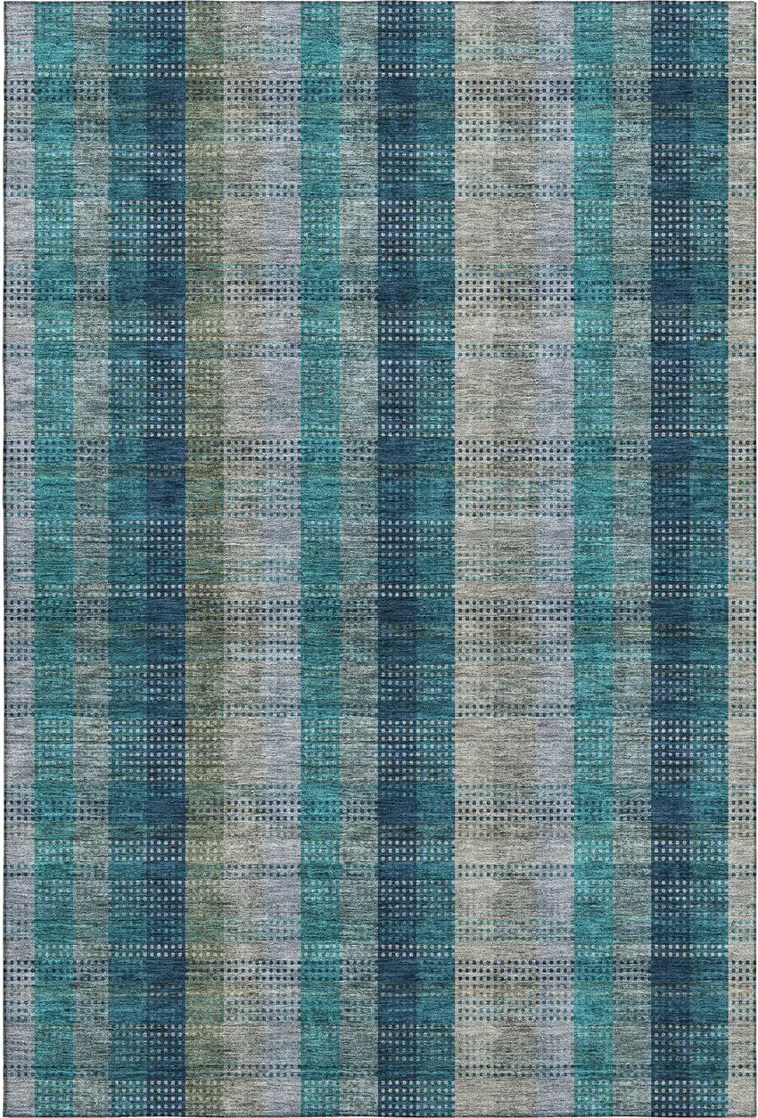 Teal Olive Green And Taupe Plaid Washable Area Rug With UV Protection Photo 1