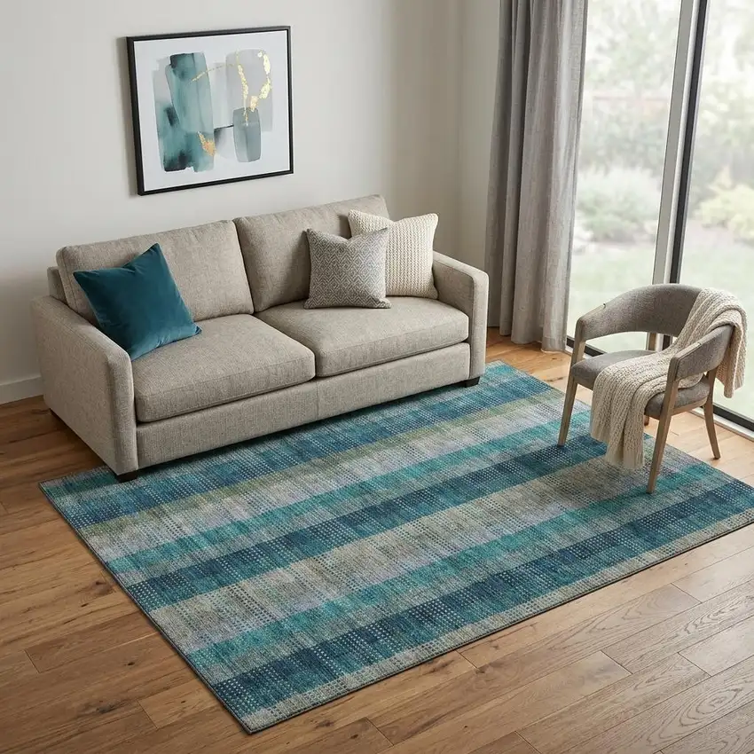 Teal Olive Green And Taupe Plaid Washable Area Rug With UV Protection Photo 1
