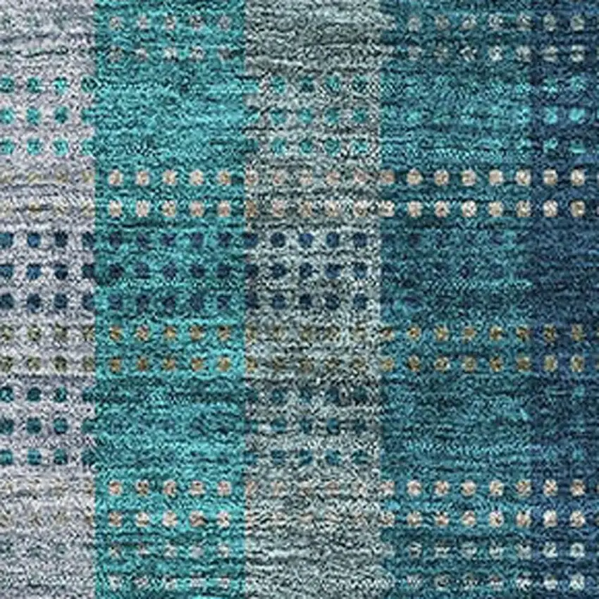 Teal Olive Green And Taupe Plaid Washable Area Rug With UV Protection Photo 2