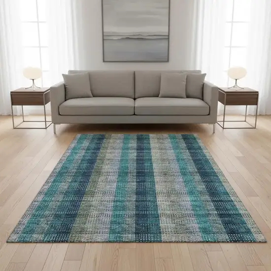 Teal Olive Green And Taupe Plaid Washable Area Rug With UV Protection Photo 2