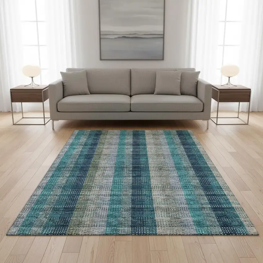 Teal Olive Green And Taupe Plaid Washable Area Rug With UV Protection Photo 2