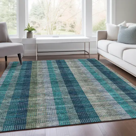 Teal Olive Green And Taupe Plaid Washable Area Rug With UV Protection Photo 5