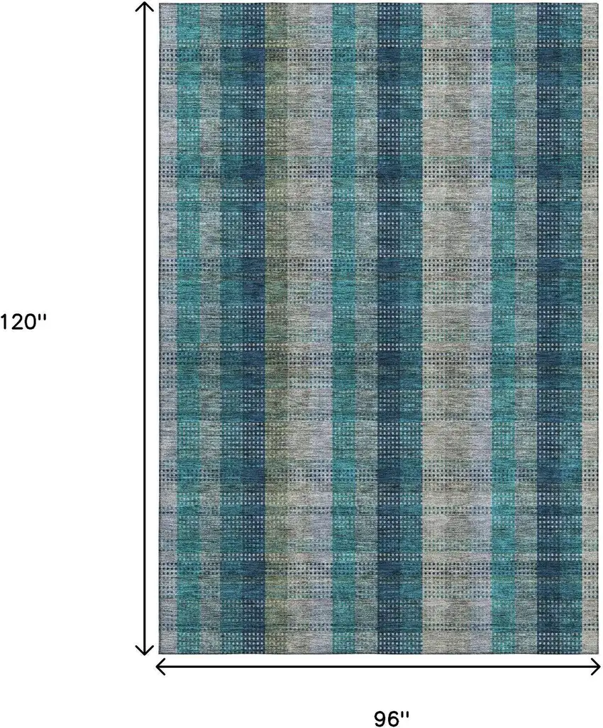 Teal Olive Green And Taupe Plaid Washable Area Rug With UV Protection Photo 8