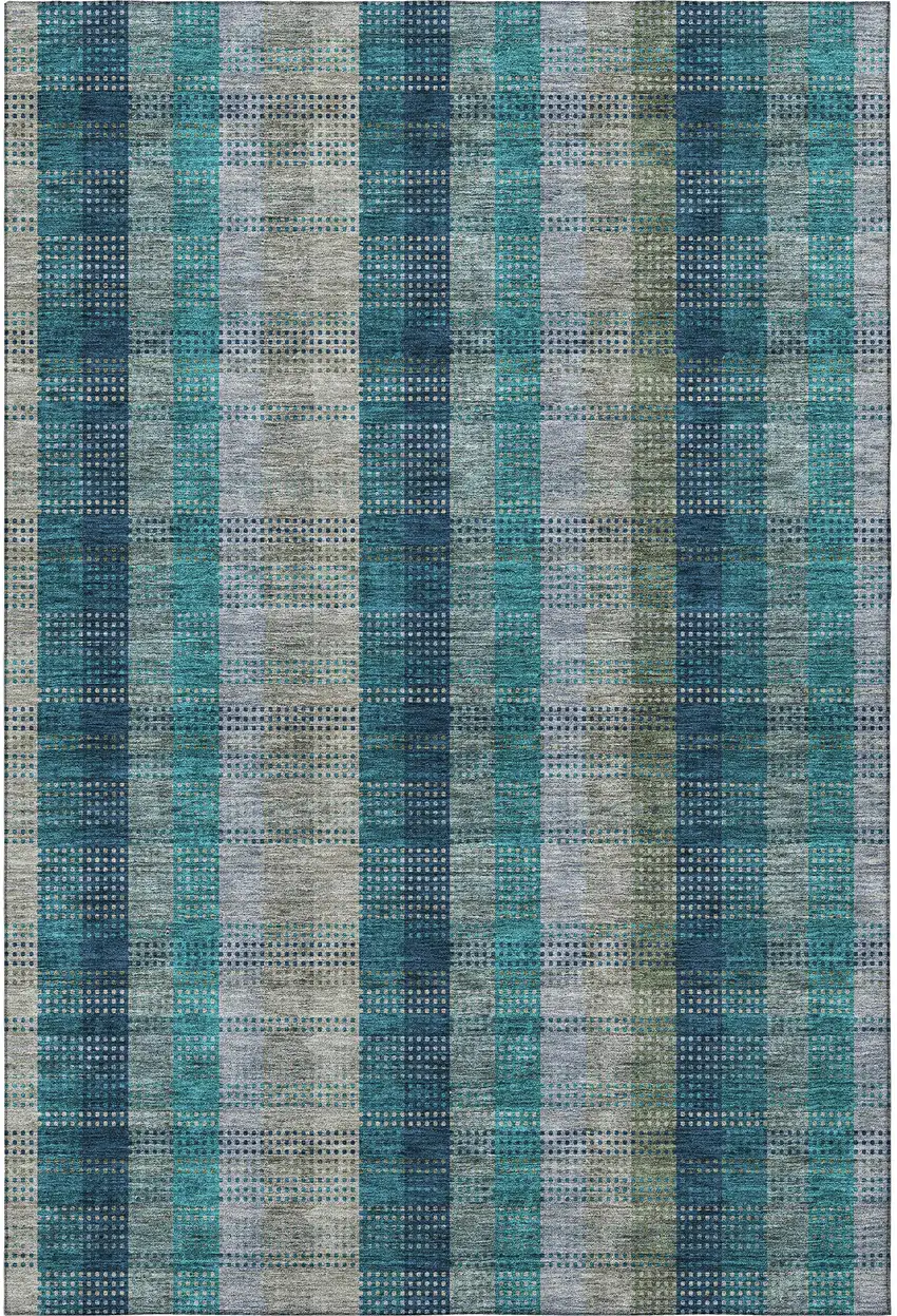 Teal Olive Green And Taupe Plaid Washable Area Rug With UV Protection Photo 3