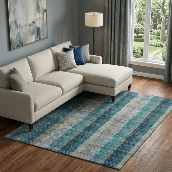 Teal Olive Green And Taupe Plaid Washable Area Rug With UV Protection Photo 1