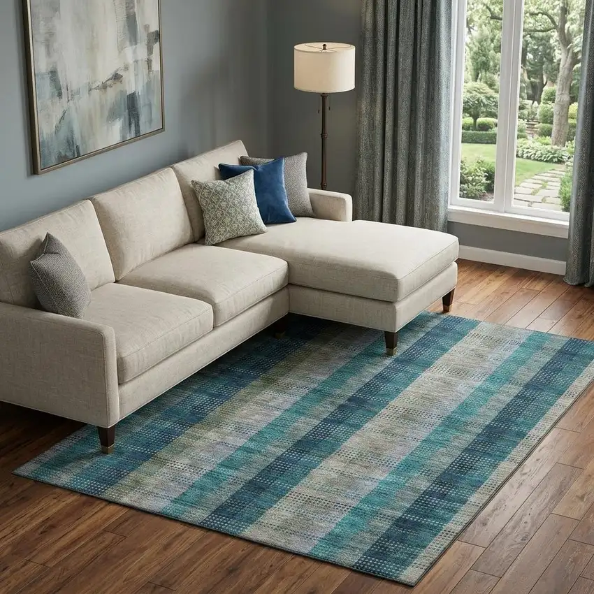 Teal Olive Green And Taupe Plaid Washable Area Rug With UV Protection Photo 1