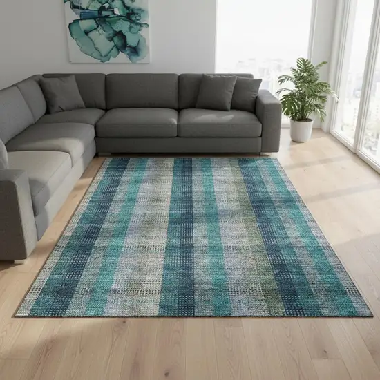 Teal Olive Green And Taupe Plaid Washable Area Rug With UV Protection Photo 2