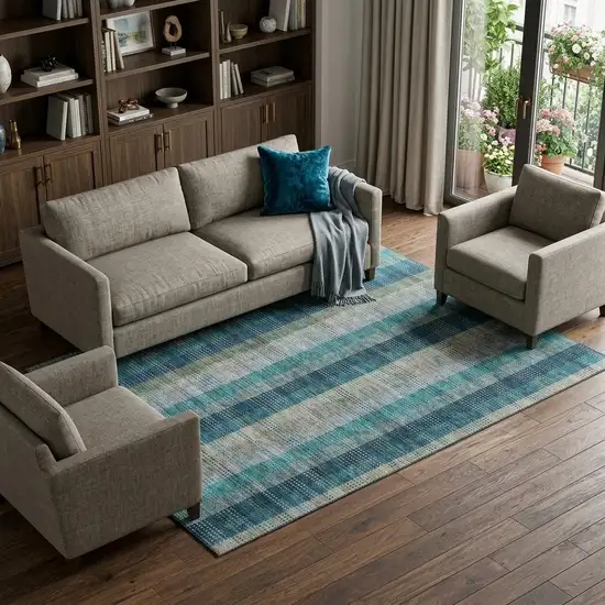 Teal Olive Green And Taupe Plaid Washable Area Rug With UV Protection Photo 1