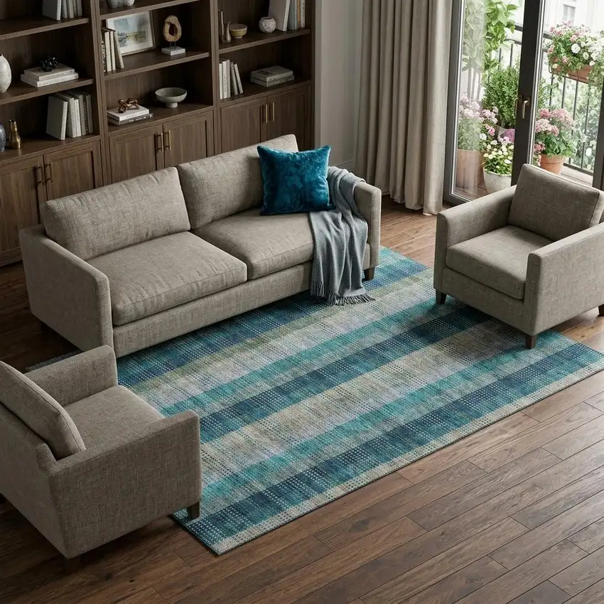 Teal Olive Green And Taupe Plaid Washable Area Rug With UV Protection Photo 1