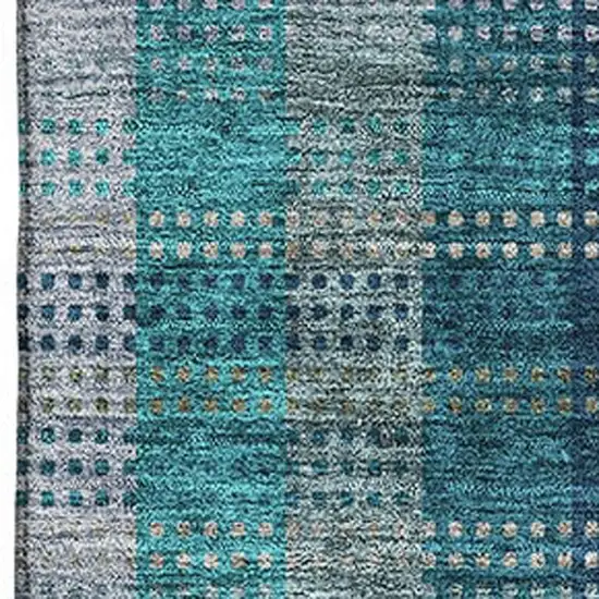 Teal Olive Green And Taupe Plaid Washable Area Rug With UV Protection Photo 2
