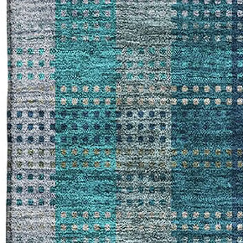 Teal Olive Green And Taupe Plaid Washable Area Rug With UV Protection Photo 2