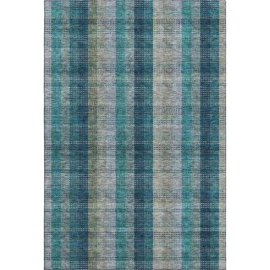 Teal Olive Green And Taupe Plaid Washable Area Rug With UV Protection Photo 1