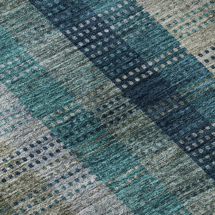 Teal Olive Green And Taupe Plaid Washable Area Rug With UV Protection Photo 9