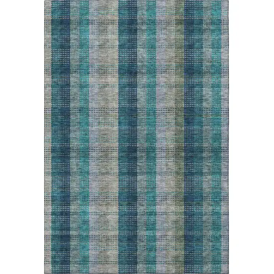 Teal Olive Green And Taupe Plaid Washable Area Rug With UV Protection Photo 3