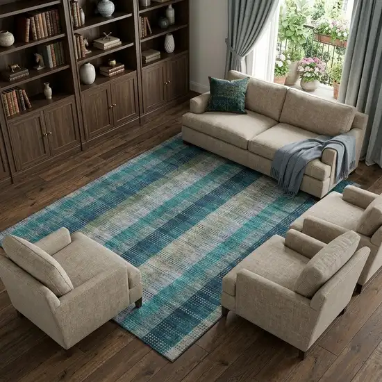 Teal Olive Green And Taupe Plaid Washable Area Rug With UV Protection Photo 1