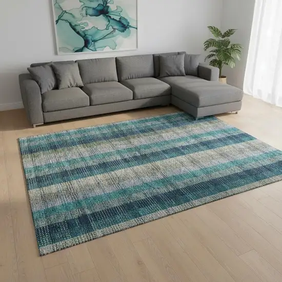 Teal Olive Green And Taupe Plaid Washable Area Rug With UV Protection Photo 2