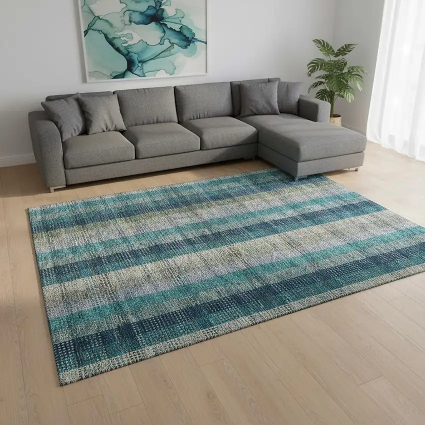 Teal Olive Green And Taupe Plaid Washable Area Rug With UV Protection Photo 2
