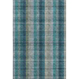 Photo of Teal Olive Green And Taupe Plaid Washable Area Rug With UV Protection