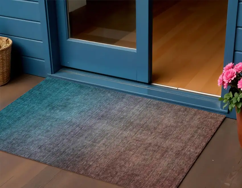 Teal Ombre Washable Non Skid Indoor Outdoor Area Rug Photo 1