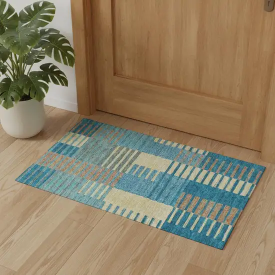 Teal Orange And Gold Striped Washable Area Rug With UV Protection Photo 1