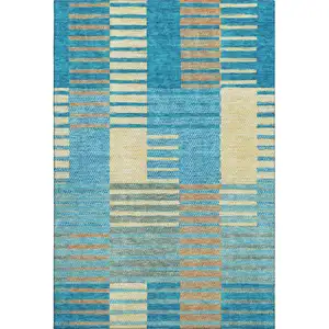 Photo of Teal Orange And Gold Striped Washable Area Rug With UV Protection