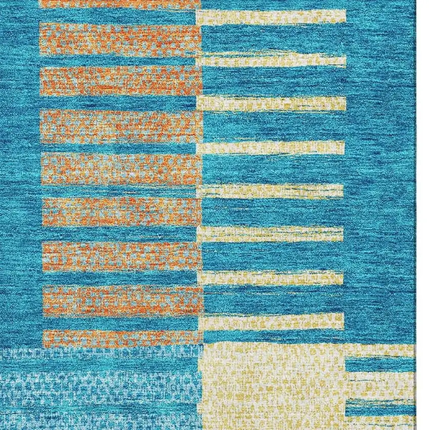 Teal Orange And Gold Striped Washable Area Rug With UV Protection Photo 2