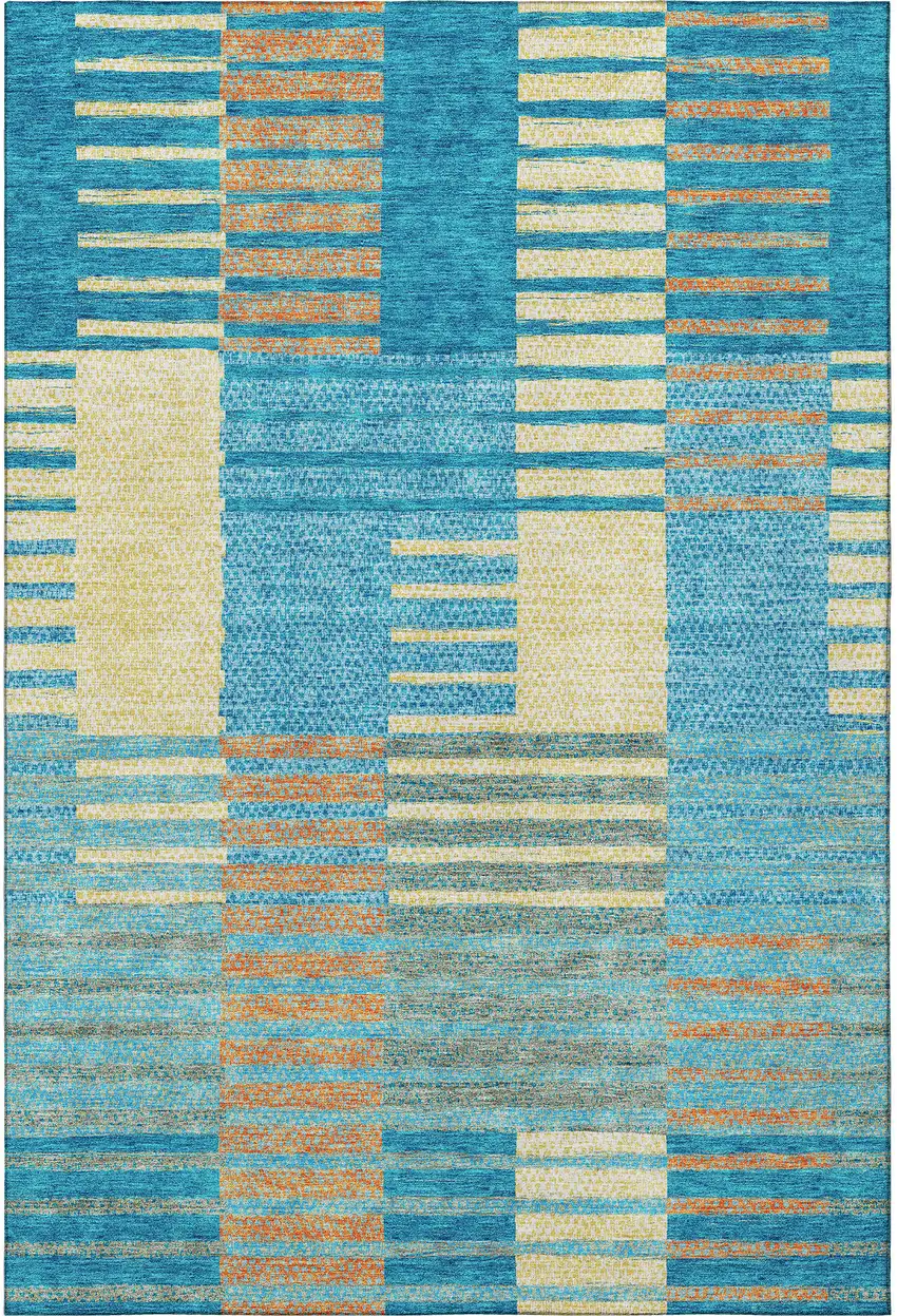 Teal Orange And Gold Striped Washable Area Rug With UV Protection Photo 2