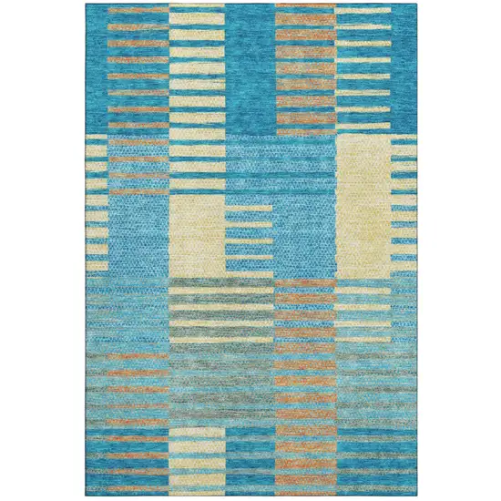 Teal Orange And Gold Striped Washable Area Rug With UV Protection Photo 2