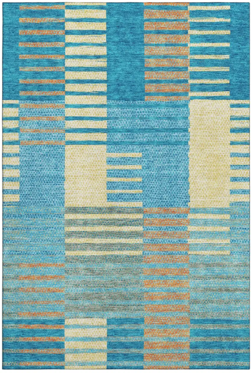 Teal Orange And Gold Striped Washable Area Rug With UV Protection Photo 2