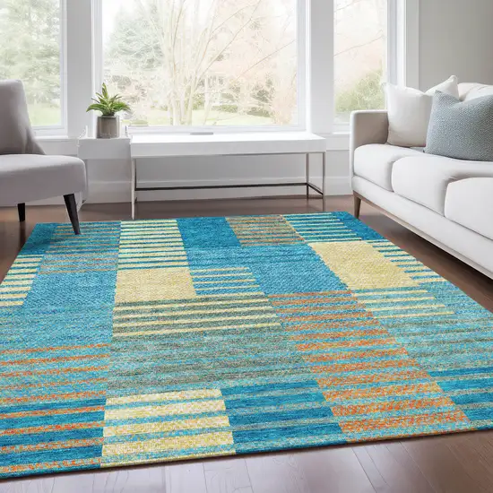 Teal Orange And Gold Striped Washable Area Rug With UV Protection Photo 4