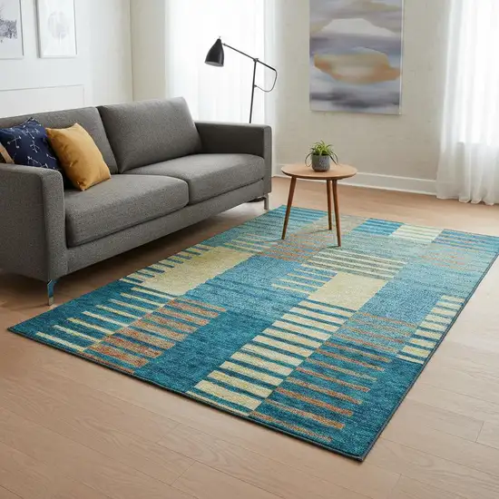 Teal Orange And Gold Striped Washable Area Rug With UV Protection Photo 2
