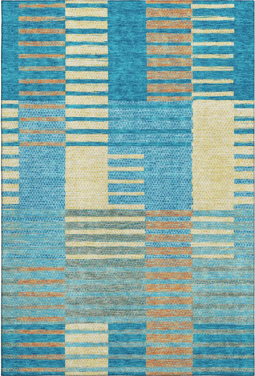 Teal Orange And Gold Striped Washable Area Rug With UV Protection Photo 1