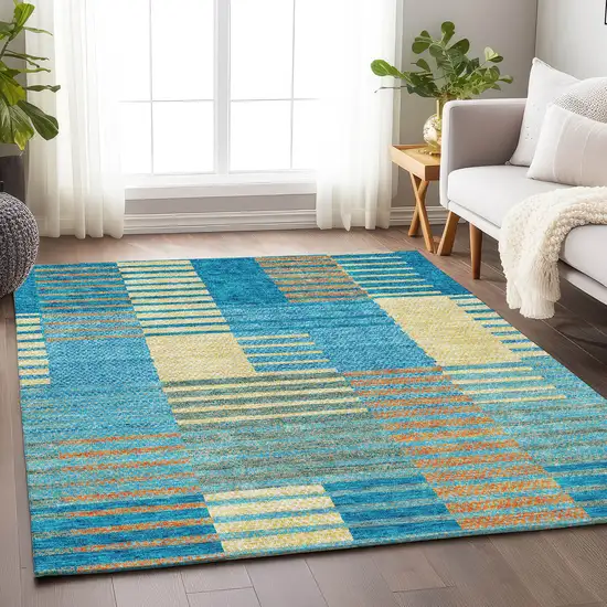 Teal Orange And Gold Striped Washable Area Rug With UV Protection Photo 3
