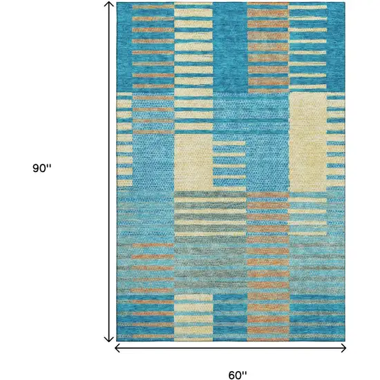 Teal Orange And Gold Striped Washable Area Rug With UV Protection Photo 9