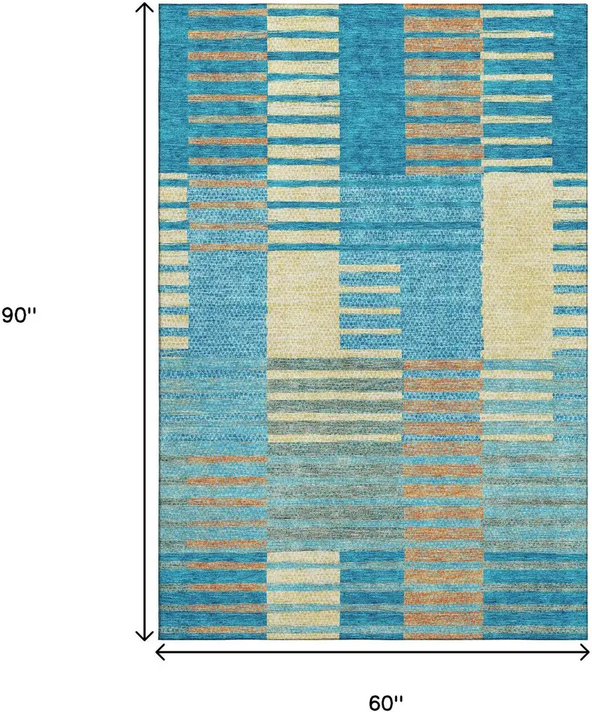 Teal Orange And Gold Striped Washable Area Rug With UV Protection Photo 9