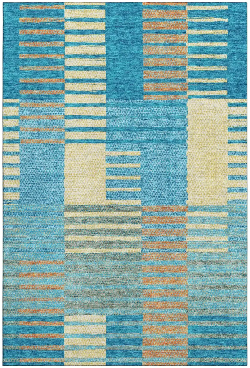 Teal Orange And Gold Striped Washable Area Rug With UV Protection Photo 2