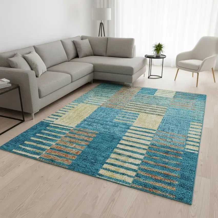 Teal Orange And Gold Striped Washable Area Rug With UV Protection Photo 2