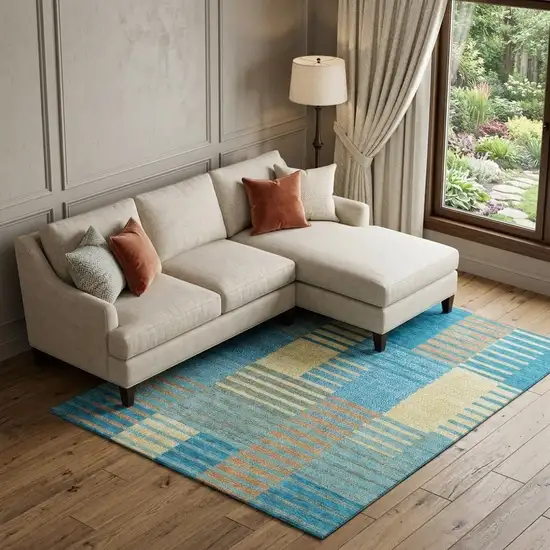 Teal Orange And Gold Striped Washable Area Rug With UV Protection Photo 1