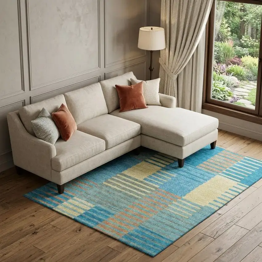 Teal Orange And Gold Striped Washable Area Rug With UV Protection Photo 1