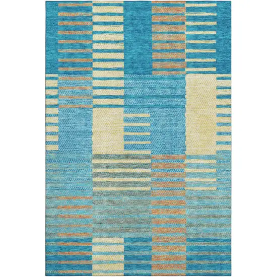 Teal Orange And Gold Striped Washable Area Rug With UV Protection Photo 2
