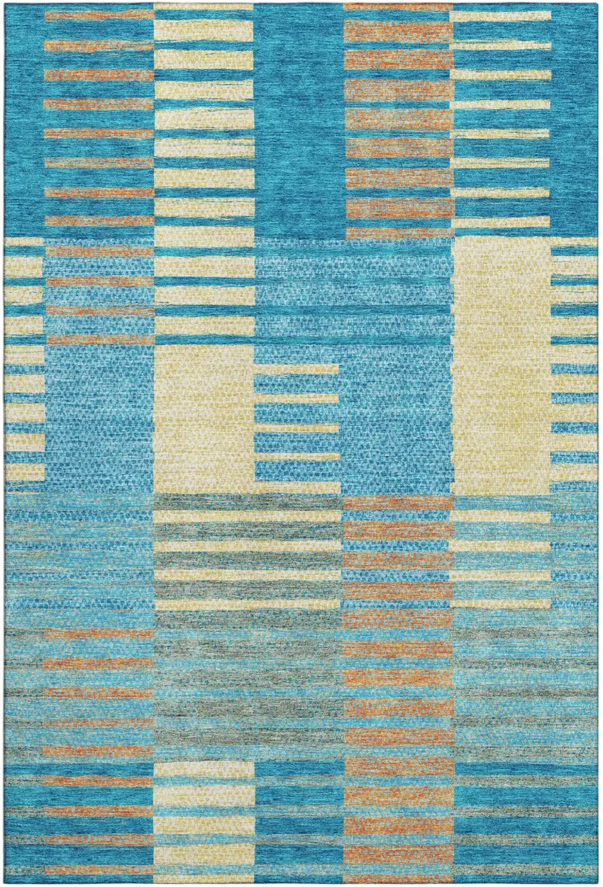 Teal Orange And Gold Striped Washable Area Rug With UV Protection Photo 2