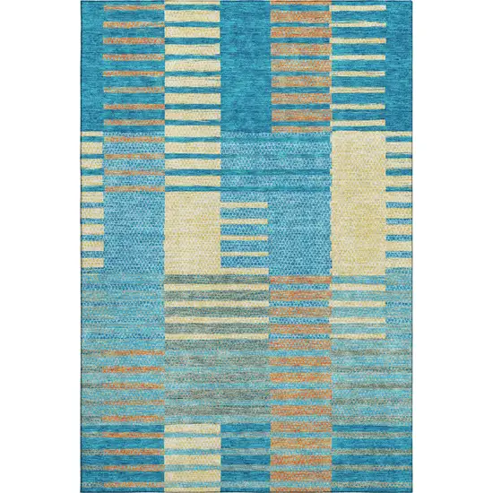 Teal Orange And Gold Striped Washable Area Rug With UV Protection Photo 1