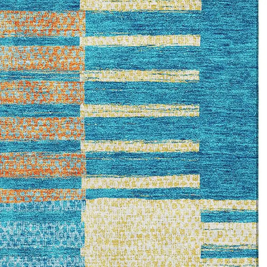 Teal Orange And Gold Striped Washable Area Rug With UV Protection Photo 2