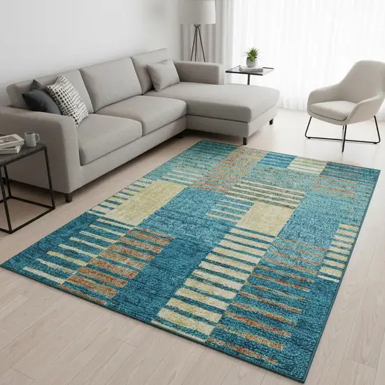 Teal Orange And Gold Striped Washable Area Rug With UV Protection Photo 2